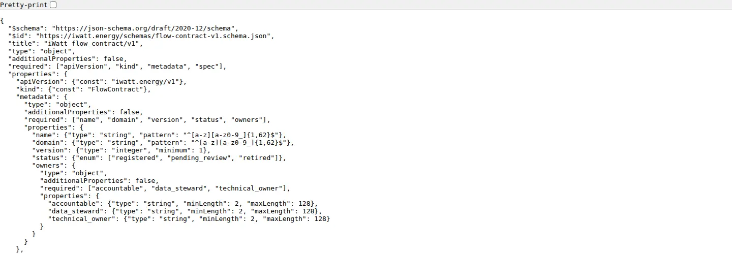 iWatt Data Platform 实际 FlowContract JSON Schema 工程制品的浏览器呈现,展示版本、元数据与治理字段